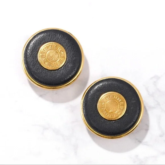 HERMES Selle Clip On Earrings Black Leather Gold Button - Picture 3 of 8